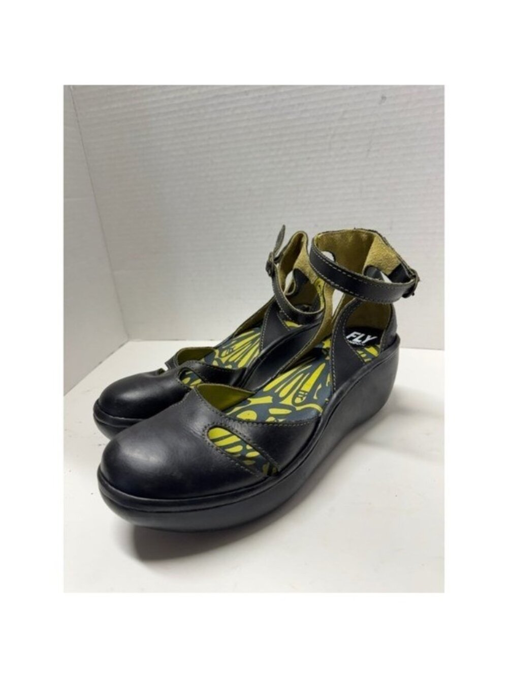 Fly London Black Leather Ankle Strap Wedge Sandals Made in Portugal Size 40 9.5